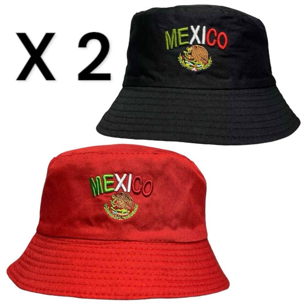 2 Mexico Flag Embroidered Bucket Hat - Sun Protection, Fishing, Beach Hat
